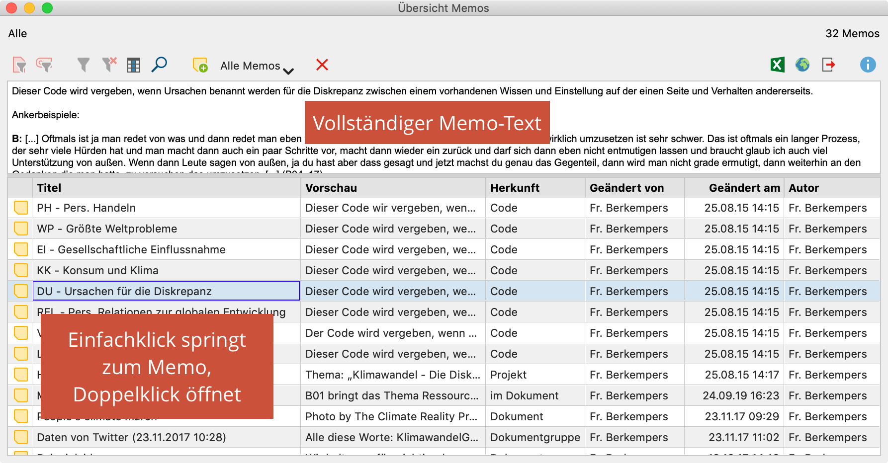 Die „Übersicht Memos“ Die „Übersicht Memos“