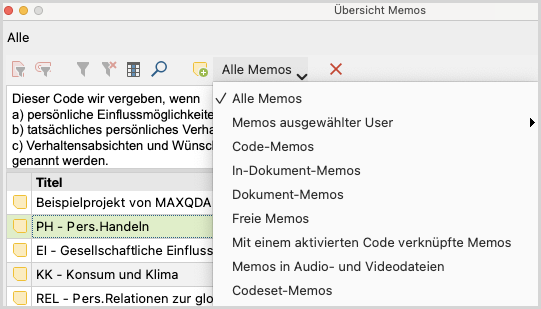 Vordefinierte Filter in der „Übersicht Memos“ Vordefinierte Filter in der „Übersicht Memos“