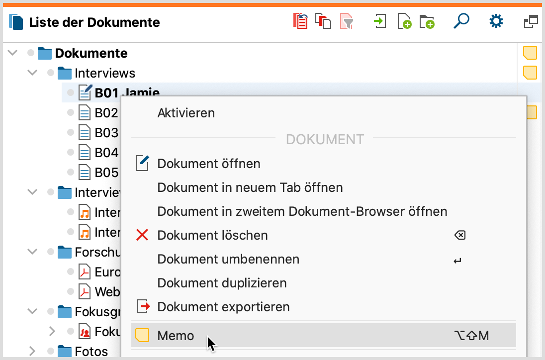 Per Kontextmenü ein neues Memo für ein Dokument erstellen Per Kontextmenü ein neues Memo für ein Dokument erstellen