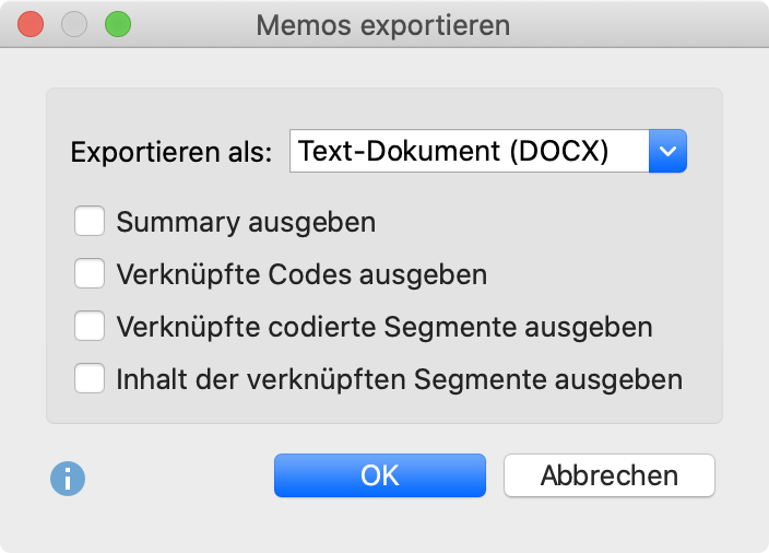 Optionen für den Export eines Memos