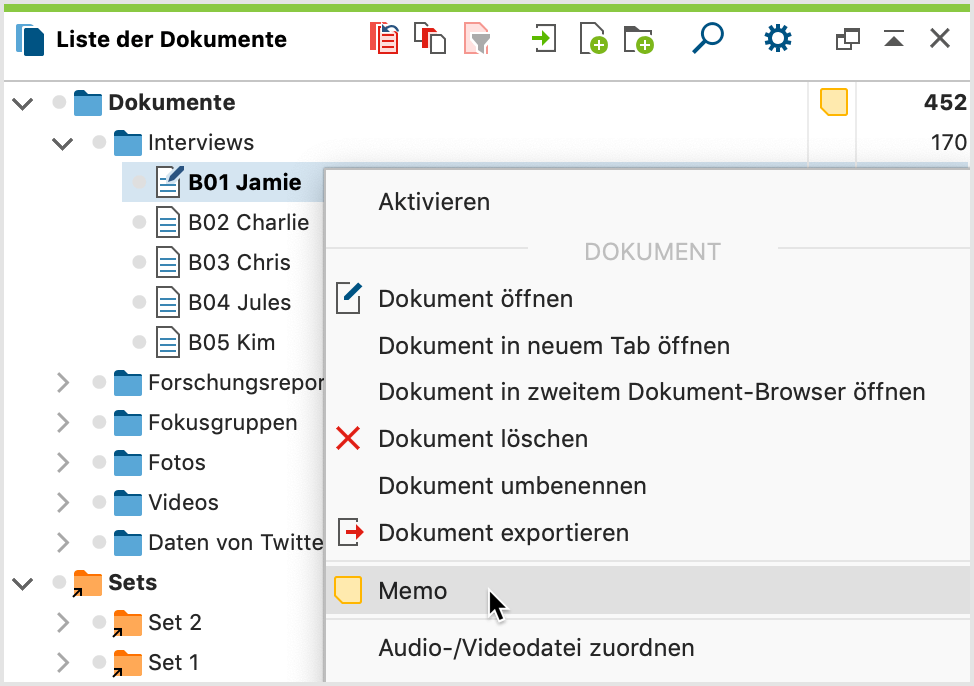 Per Kontextmenü ein neues Memo für ein Dokument erstellen Per Kontextmenü ein neues Memo für ein Dokument erstellen