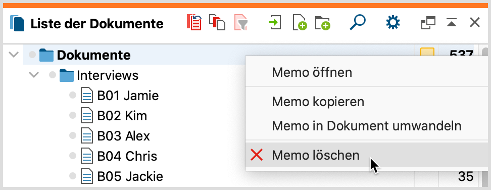 Memo an Ort und Stelle löschen per Rechtsklick auf das Memosymbol