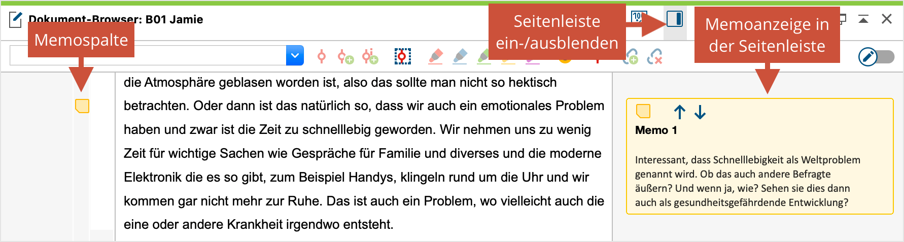 Gelbes Memosymbol in der Memospalte (links) und Anzeige des Memos in der Seitenspalte (rechts) Gelbes Memosymbol in der Memospalte (links) und Anzeige des Memos in der Seitenspalte (rechts)