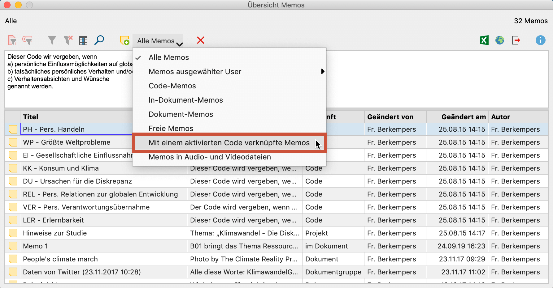 Memos aktivierter Codes in der „Übersicht Memos“ anzeigen Memos aktivierter Codes in der „Übersicht Memos“ anzeigen