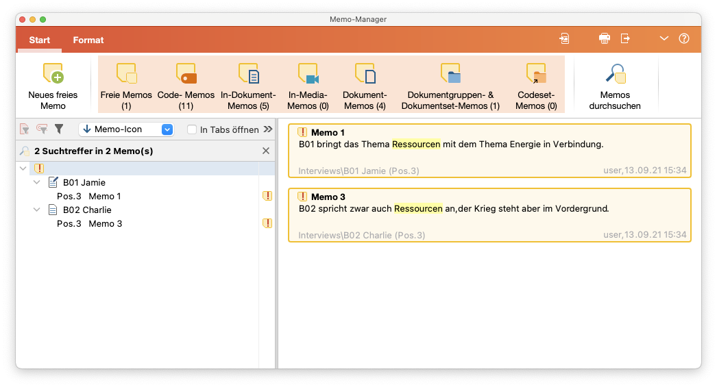 Ergebnis der Suche im Memo-Manager mit hervorgehobenen Suchtreffern Ergebnis der Suche im Memo-Manager mit hervorgehobenen Suchtreffern