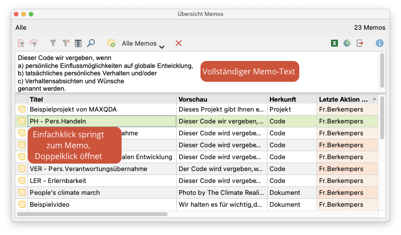 Die „Übersicht Memos“ Die „Übersicht Memos“