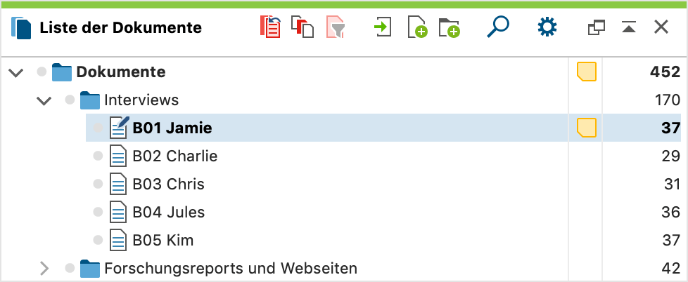Visualisierung von Memos im Fenster „Liste der Dokumente“ Visualisierung von Memos im Fenster „Liste der Dokumente“