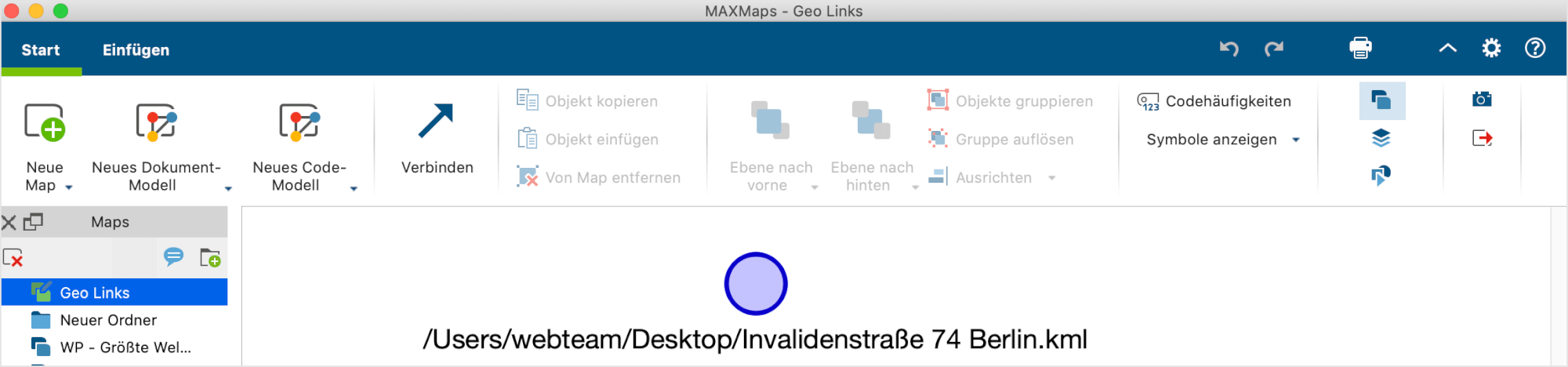 Ein neu eingefügter Geo-Link in MAXMaps Ein neu eingefügter Geo-Link in MAXMaps