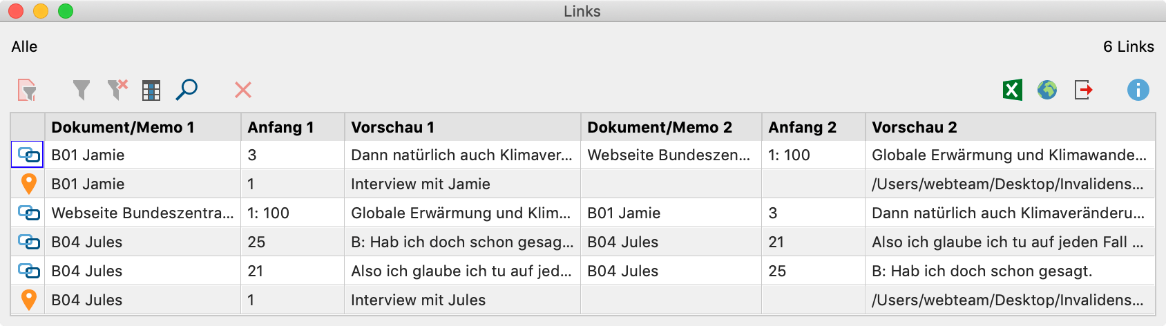 Funktion „Übersicht Links“ für ein Projekt Funktion „Übersicht Links“ für ein Projekt
