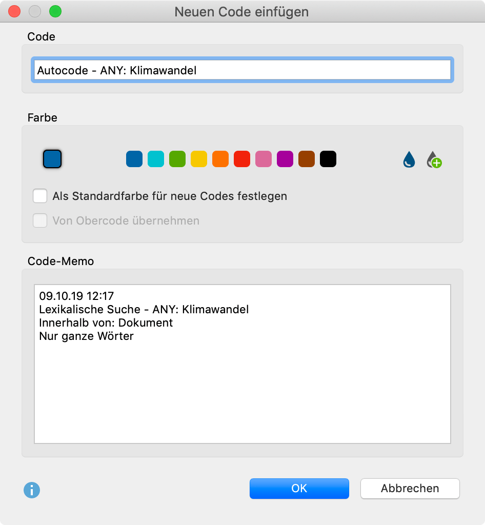 Neuen Code für das Autocodieren der Suchergebnisse definieren Neuen Code für das Autocodieren der Suchergebnisse definieren