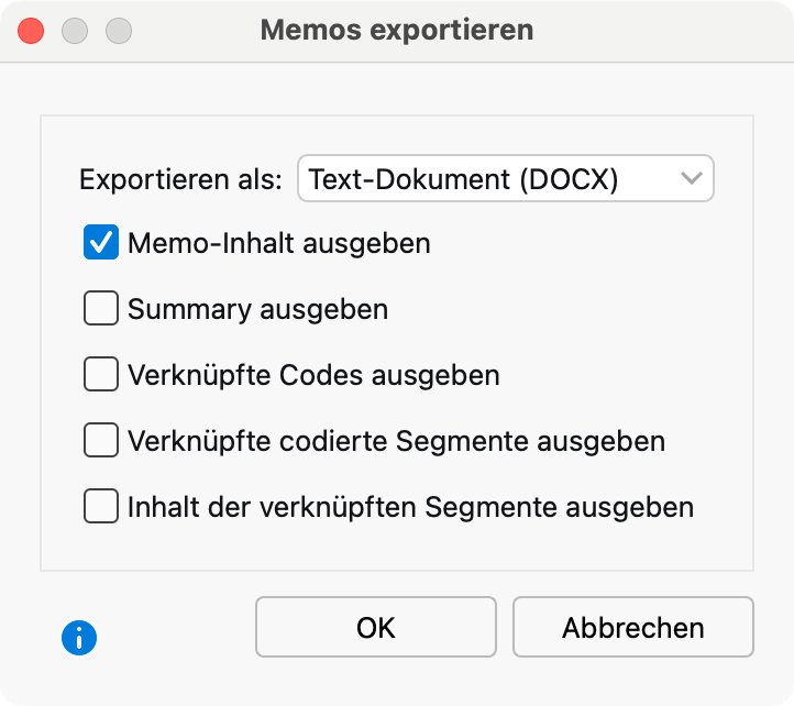 Optionen für den Export eines Memos Optionen für den Export eines Memos