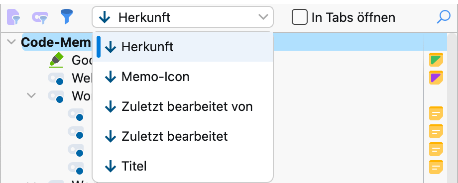 Sortierung der Memos festlegen Sortierung der Memos festlegen