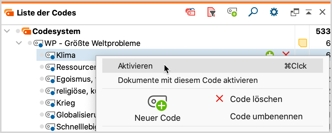 Code aktivieren mit Hilfe des Kontextmenüs Code aktivieren mit Hilfe des Kontextmenüs