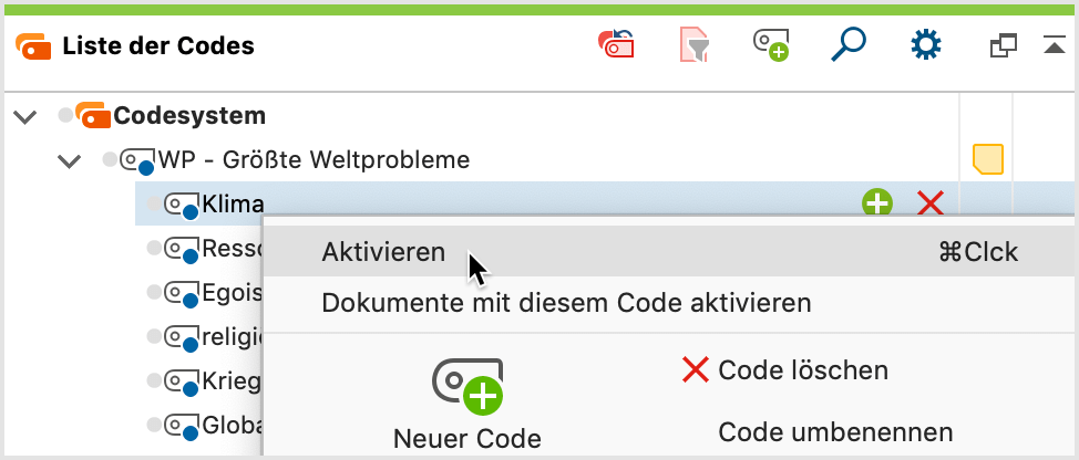 Code aktivieren mit Hilfe des Kontextmenüs Code aktivieren mit Hilfe des Kontextmenüs