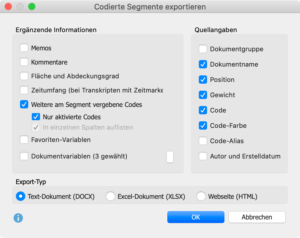 Optionen für den Export der codierten Segmente Optionen für den Export der codierten Segmente“ (Auszug)