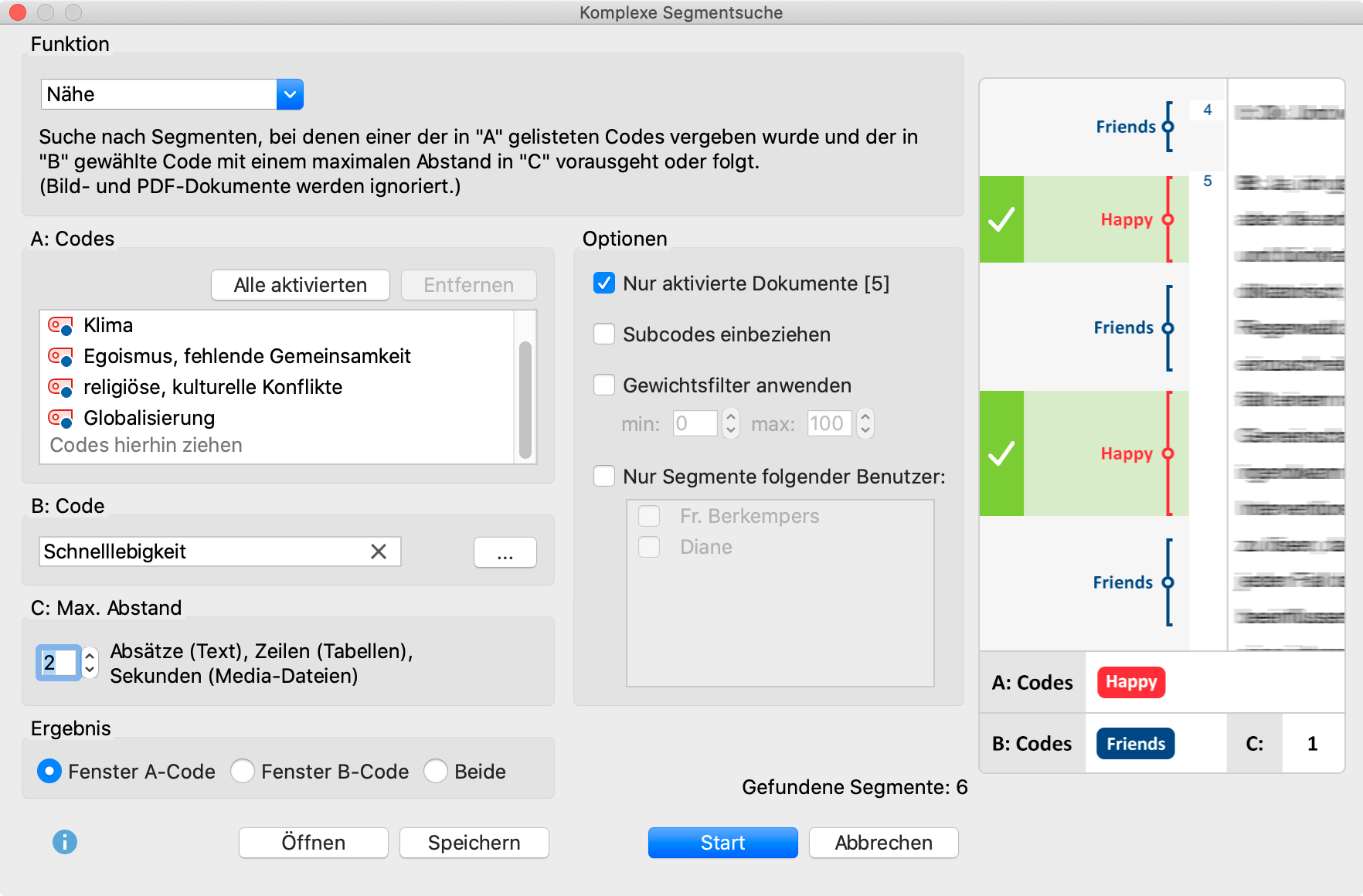 Dialogfenster für die komplexe Segmentsuche Dialogfenster für die komplexe Segmentsuche