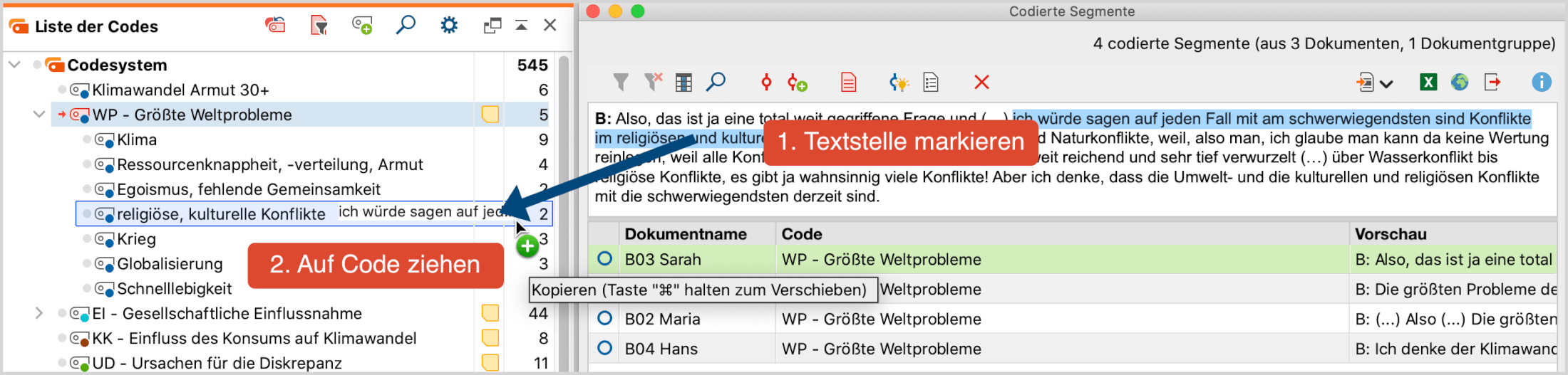 Textstellen direkt in der „Übersicht codierte Segmente“ codieren Textstellen direkt in der „Übersicht codierte Segmente“ codieren