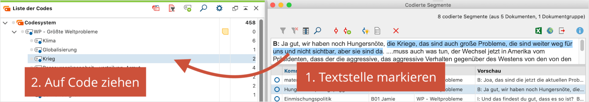 Textstellen direkt in der „Übersicht codierte Segmente“ codieren Textstellen direkt in der „Übersicht codierte Segmente“ codieren