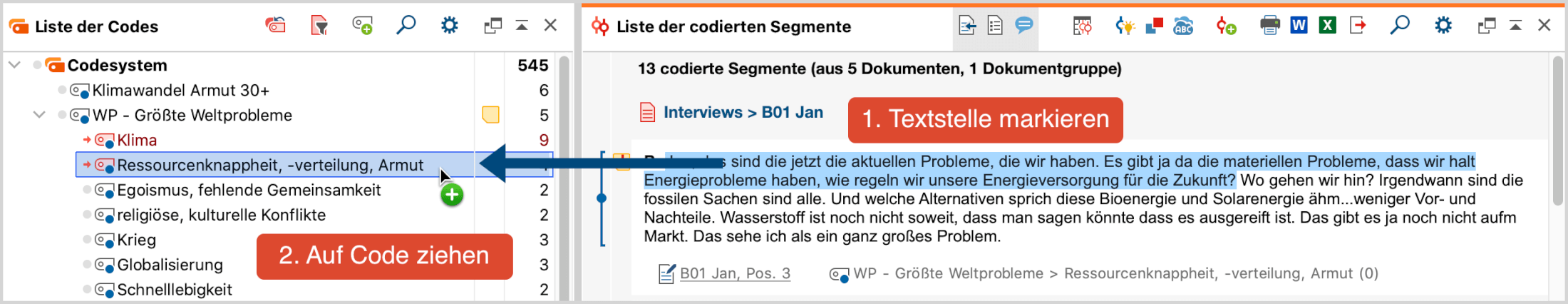 Textstellen direkt in der „Liste der codierten Segmente“ codieren Textstellen direkt in der „Liste der codierten Segmente“ codieren
