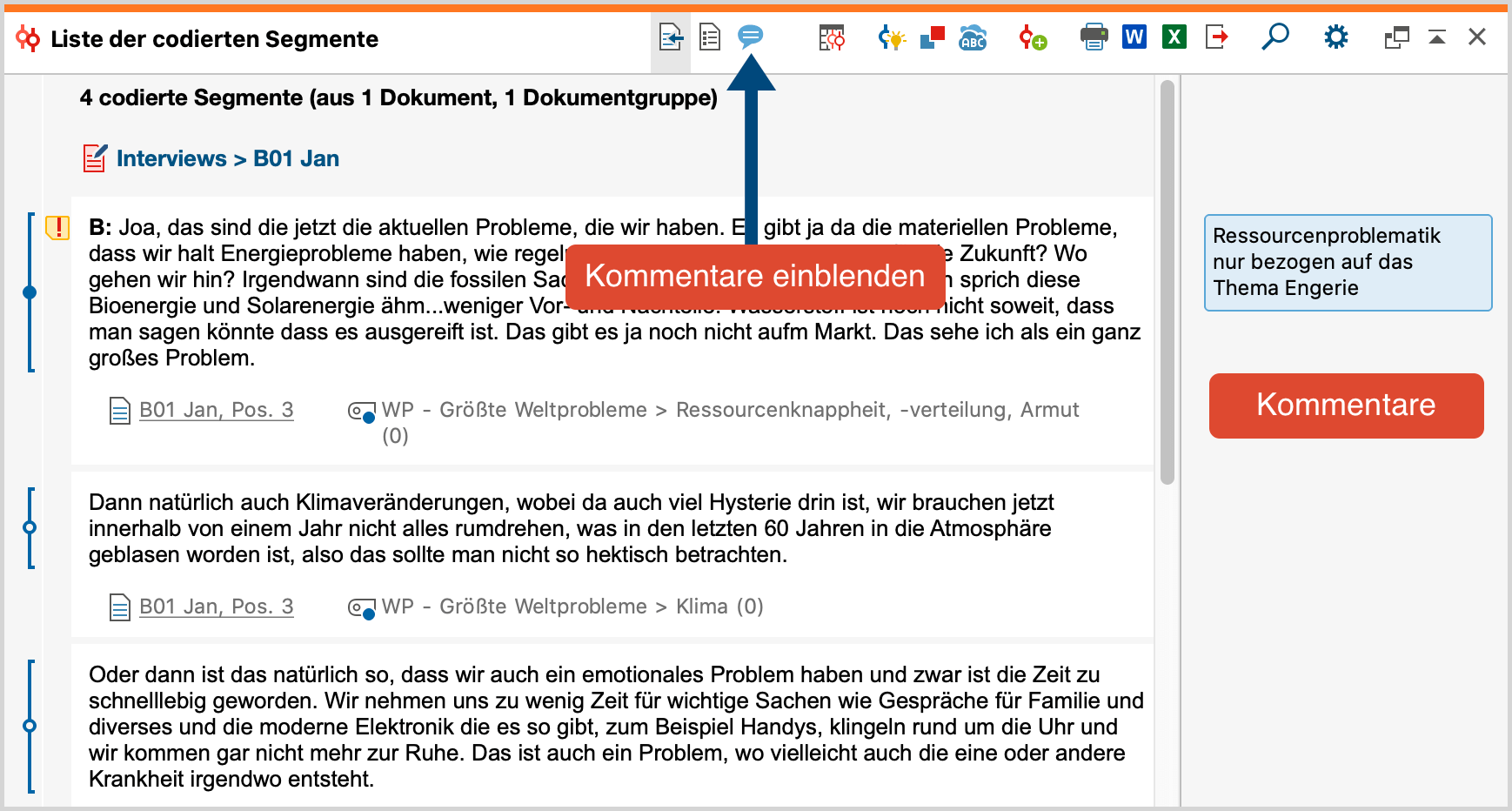 Kommentarspalte in der „Liste der codierten Segmente“ Kommentarspalte in der „Liste der codierten Segmente“