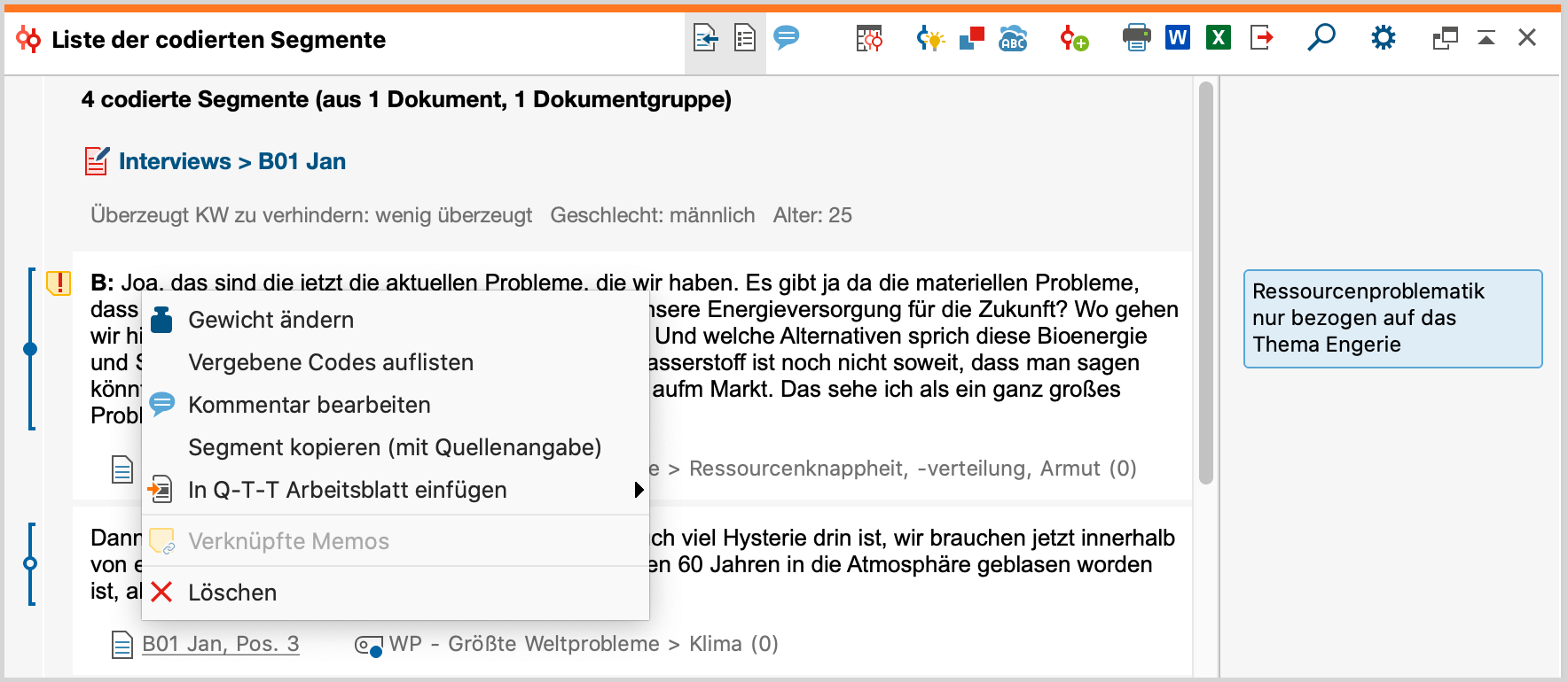 Kontextmenü für ein codiertes Segment Kontextmenü für ein codiertes Segment
