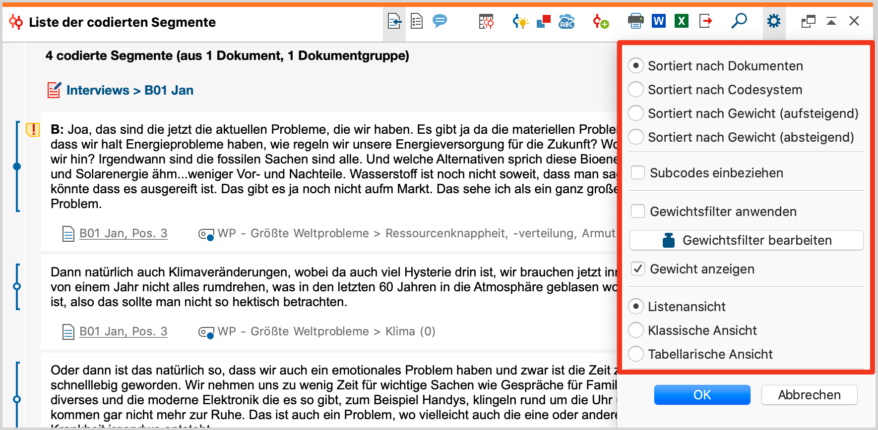 Lokale Einstellungen im Fenster „Liste der codierten Segmente“ Lokale Einstellungen im Fenster „Liste der codierten Segmente“
