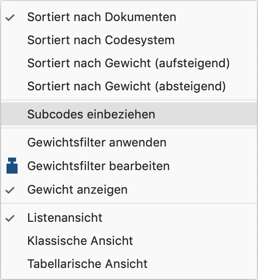 Die Option „Subcodes einbeziehen“ im Kontextmenü der „Liste der codierten Segmente“ wählen Die Option „Subcodes einbeziehen“ im Kontextmenü der „Liste der codierten Segmente“ wählen