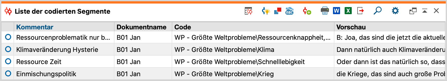 Die „Liste der codierten Segmente“ in tabellarischer Ansicht