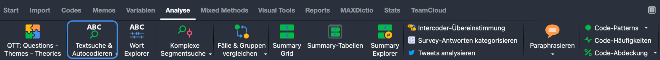 Textsuche über den Tab „Analyse“ aufrufen Textsuche über den Tab „Analyse“ aufrufen