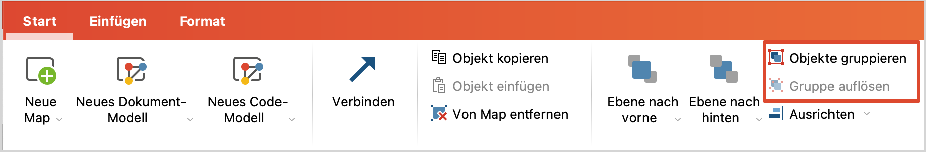 Mit den rot umrandeten Symbolen gruppieren Sie Objekte und heben ihre Gruppierung wieder auf Mit den rot umrandeten Symbolen gruppieren Sie Objekte und heben ihre Gruppierung wieder auf