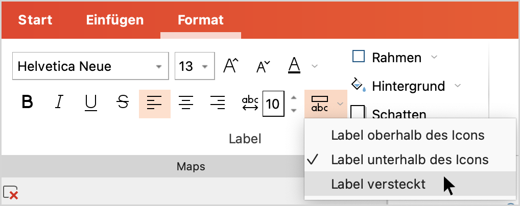 Optionen für die Positionierung des Labels im Verhältnis zum Symbol Optionen für die Positionierung des Labels im Verhältnis zum Symbol