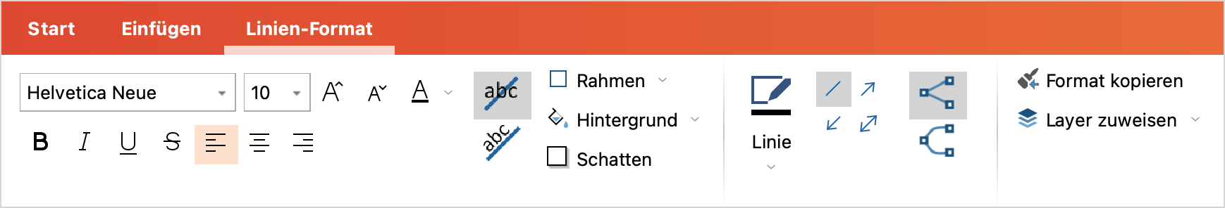 Im Tab „Linien-Format“ das Aussehen einer Linie gestalten Im Fenster „Eigenschaften“ das Aussehen einer Linie gestalten