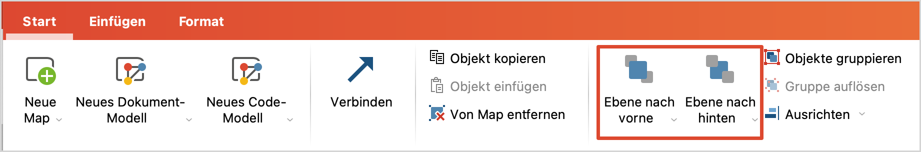 Mit den rot umrandeten Symbolen stellen Sie Objekte weiter nach vorne oder hinten Mit den rot umrandeten Symbolen stellen Sie Objekte weiter nach vorne oder hinten