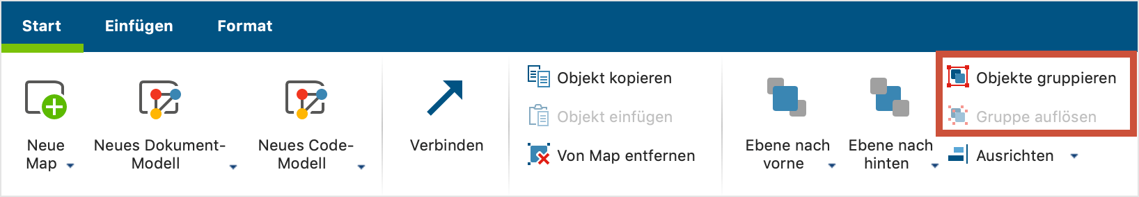 Mit den rot umrandeten Symbolen gruppieren Sie Objekte und heben ihre Gruppierung wieder auf Mit den rot umrandeten Symbolen gruppieren Sie Objekte und heben ihre Gruppierung wieder auf