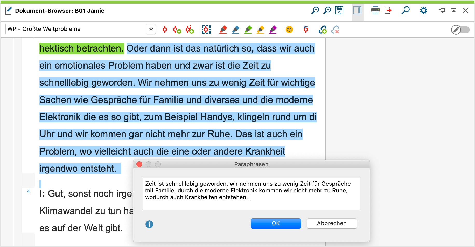Fenster zur Eingabe der Paraphrase Fenster zur Eingabe der Paraphrase