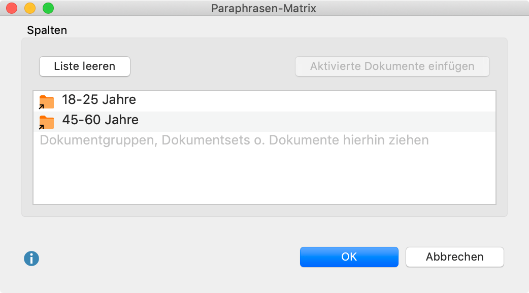 Fenster für die Auswahl der Spalten