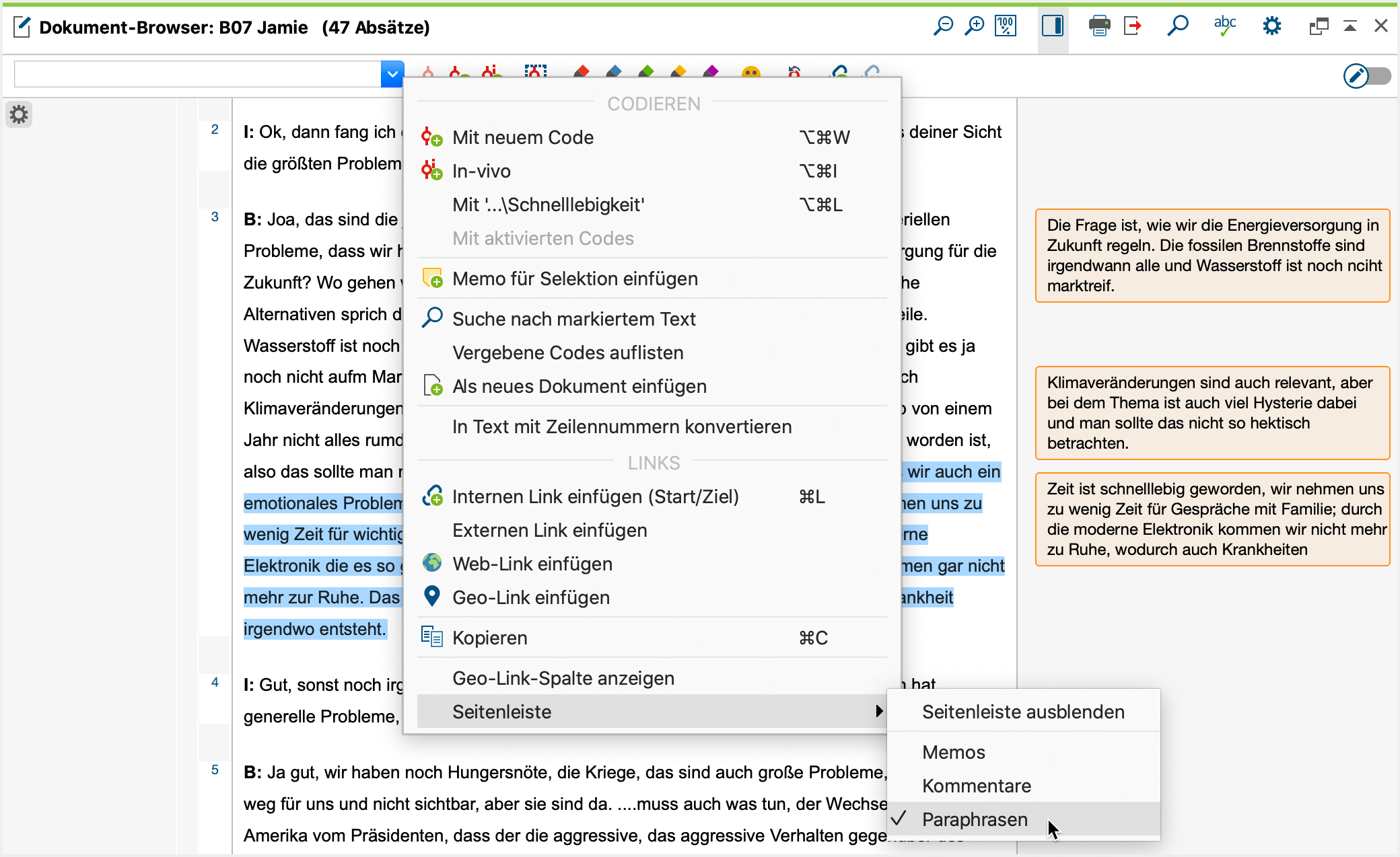 Seitenleiste im „Dokument-Browser“ mit Paraphrasen einschalten Seitenleiste im „Dokument-Browser“ mit Paraphrasen einschalten
