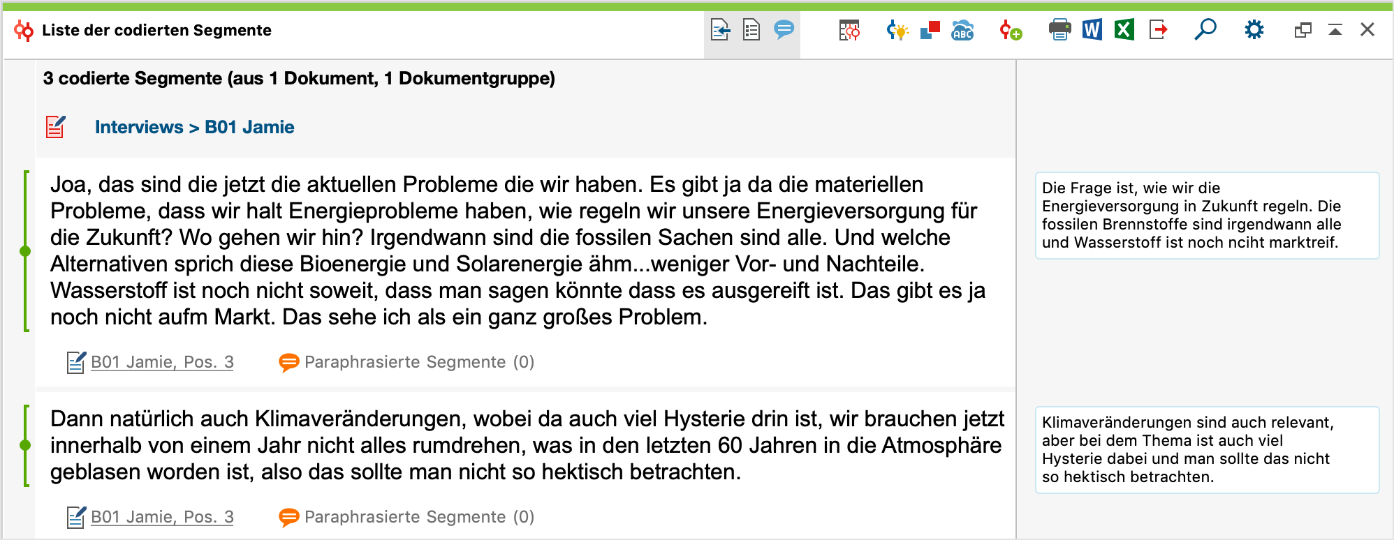 Paraphrasierte Texte eines Interviews in der „Liste der codierten Segmente“ Paraphrasierte Texte eines Interviews in der „Liste der codierten Segmente“