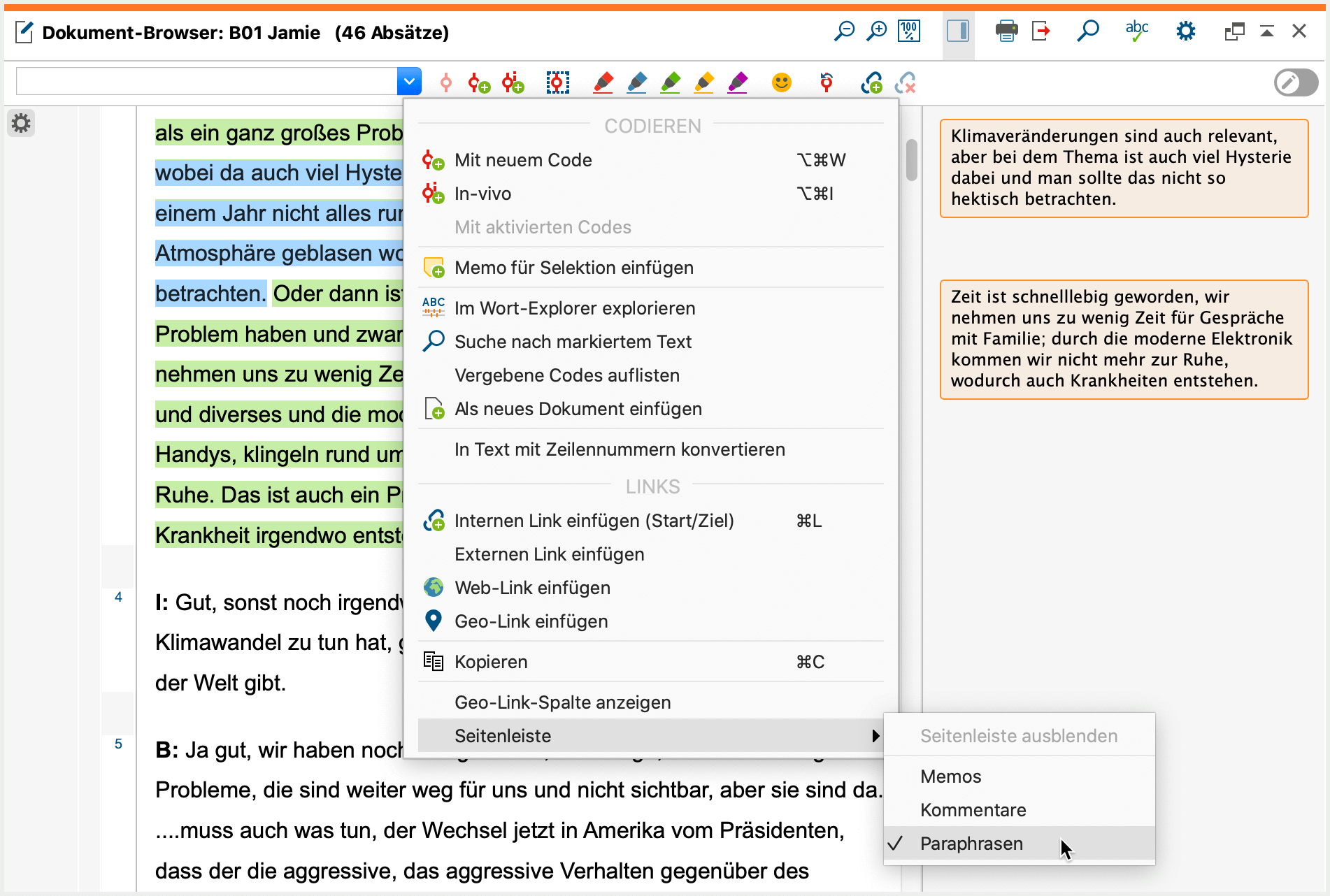 Seitenleiste im „Dokument-Browser“ mit Paraphrasen einschalten