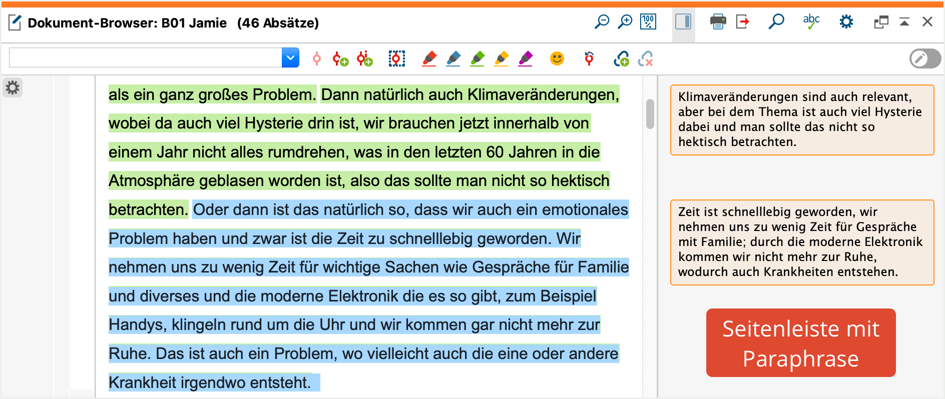 Anzeige von Paraphrasen in der Seitenleiste des „Dokument-Browsers“
