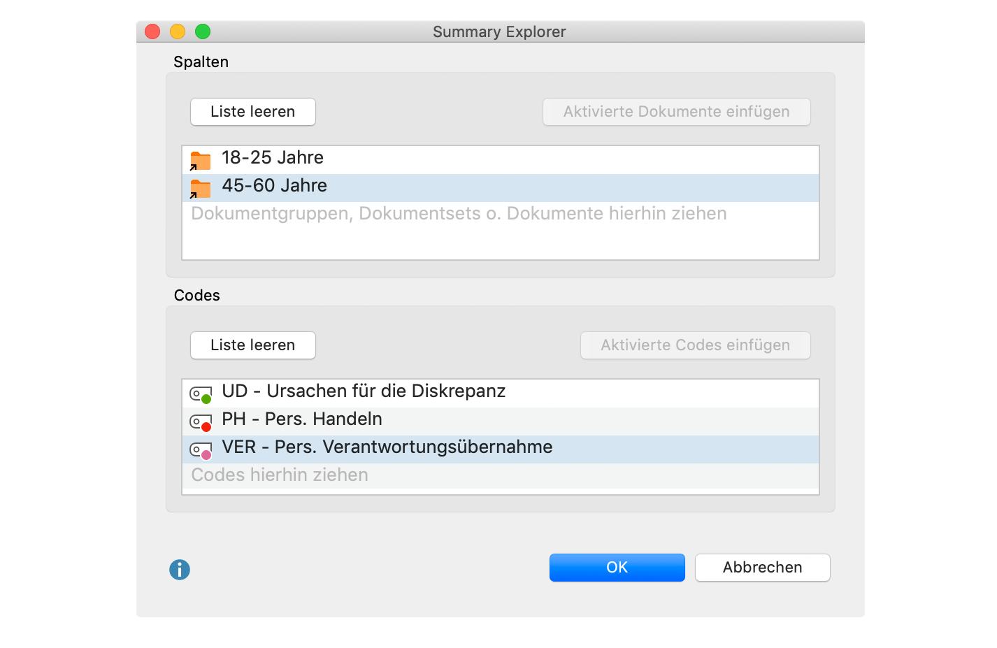 Fenster für die Auswahl der Spalten Fenster für die Auswahl der Spalten