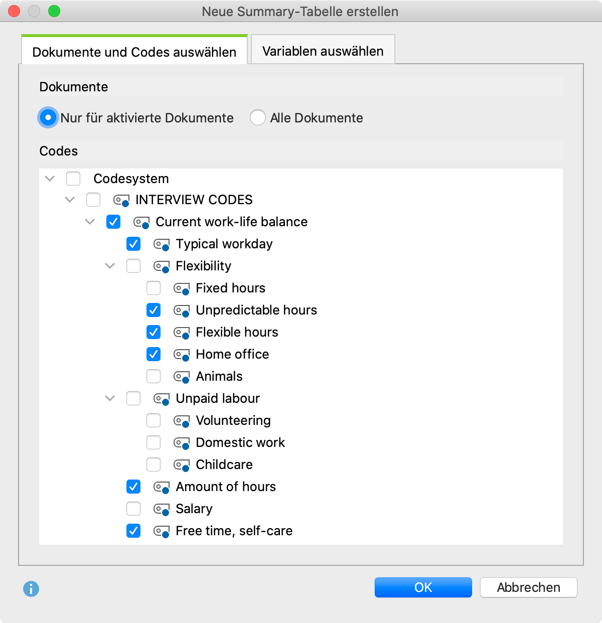 Dialog „Neue Summary-Tabelle erstellen“ Dialog „Neue Summary-Tabelle erstellen“