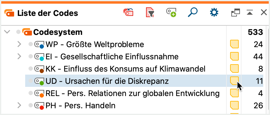 Doppelklick auf Memo-Symbol in der „Liste der Codes“ öffnet das Memo mit dem Code-Summary Doppelklick auf Memo-Symbol in der „Liste der Codes“ öffnet das Memo mit dem Code-Summary