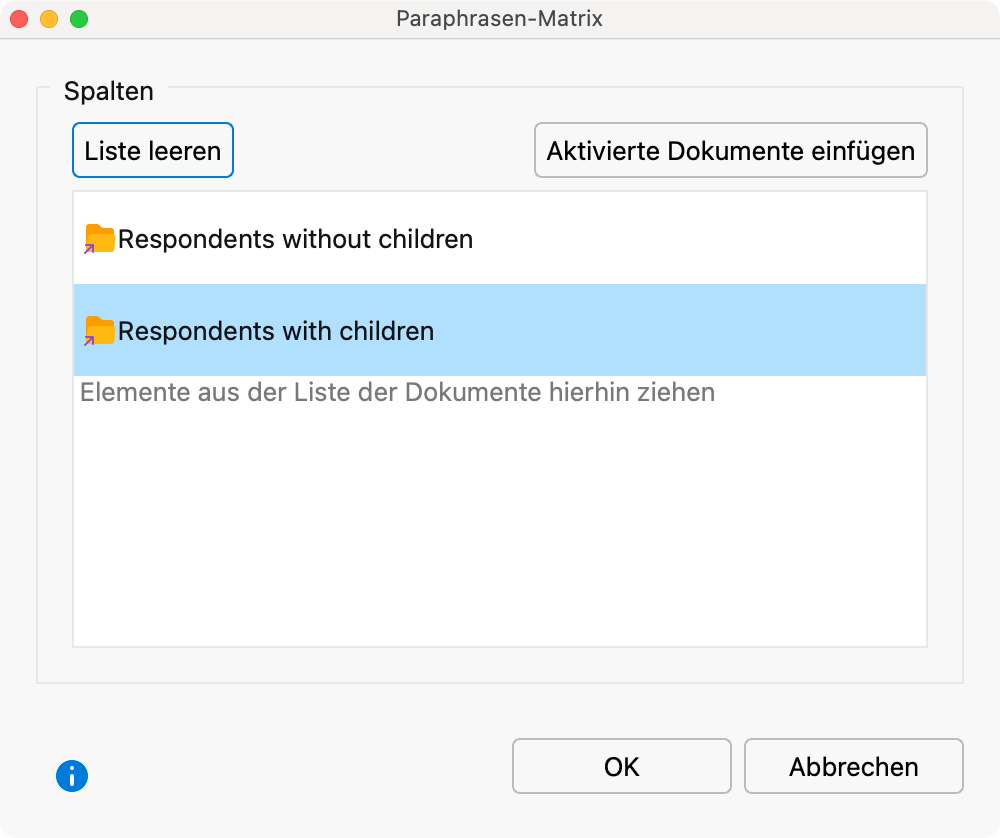 Fenster für die Auswahl der Spalten Fenster für die Auswahl der Spalten
