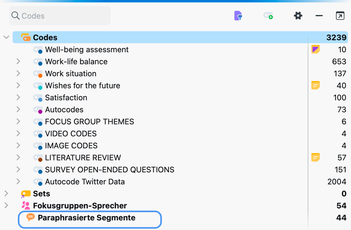 „Übersicht paraphrasierte Segmente“ in der „Liste der Codes“ aufrufen „Übersicht paraphrasierte Segmente“ in der „Liste der Codes“ aufrufen