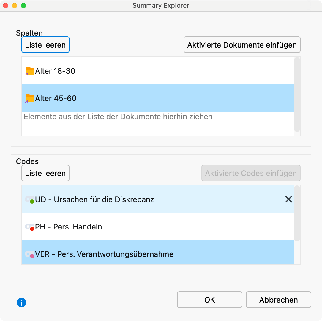 Fenster für die Auswahl der Spalten Fenster für die Auswahl der Spalten