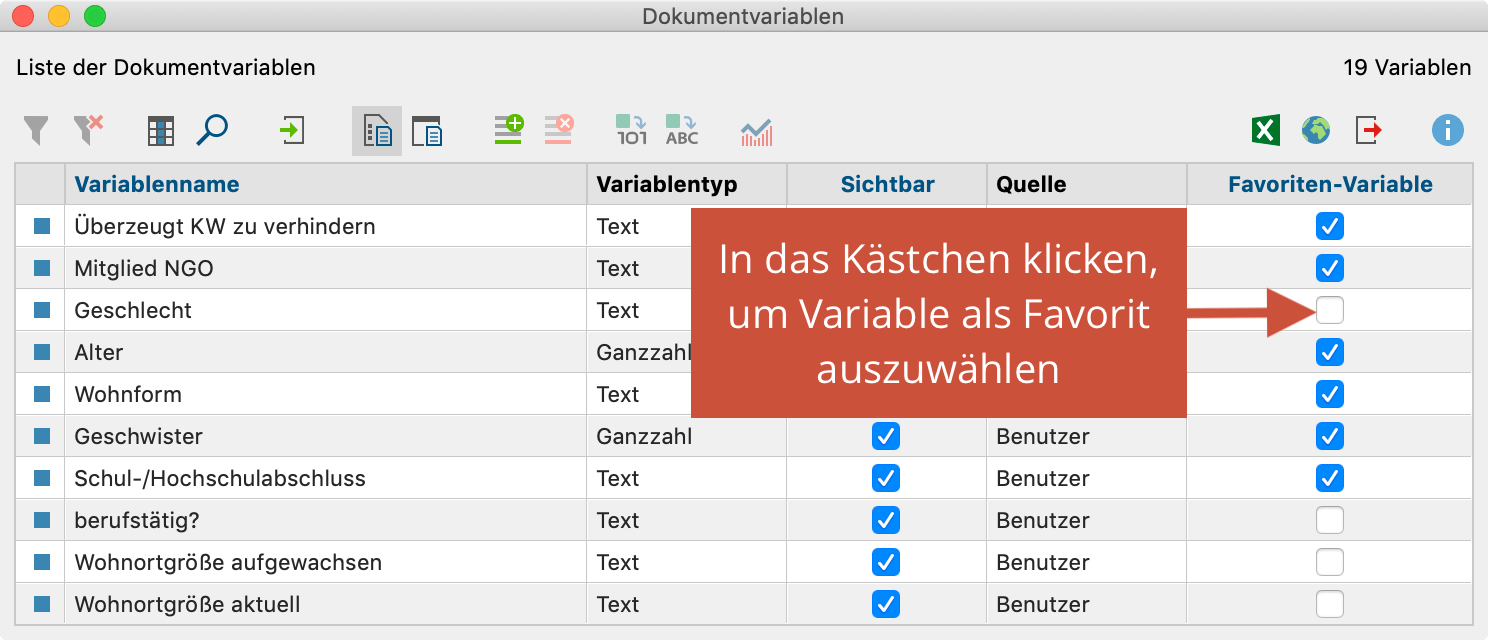 Dokumentvariable als Favorit auswählen Dokumentvariable als Favorit auswählen