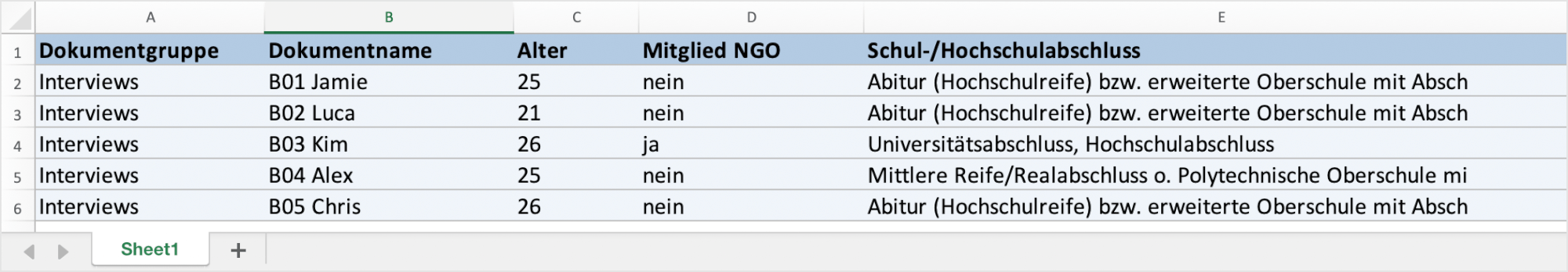 Exportierte Datenmatrix in Excel