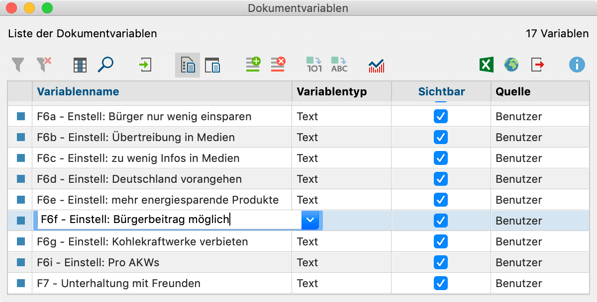 Variable in der „Liste der Dokumentvariablen“ Variable in der „Liste der Dokumentvariablen“
