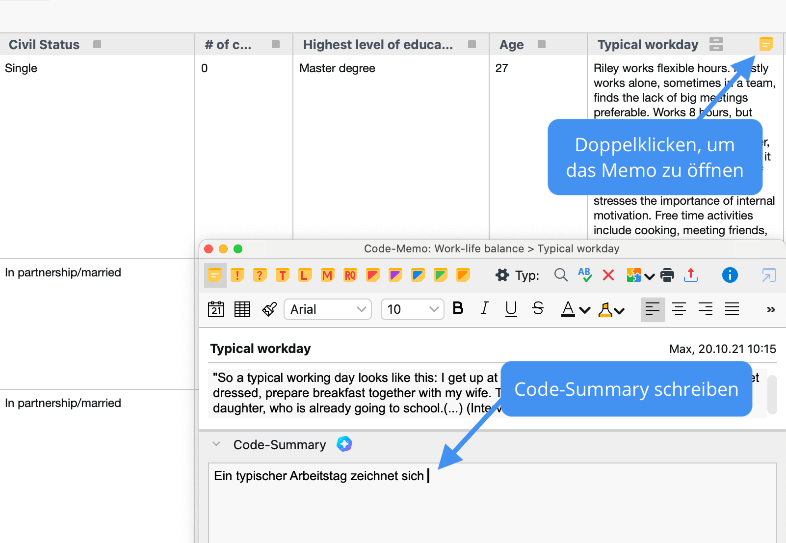 Code-Summary schreiben im Code-Memo Code-Summary schreiben im Code-Memo